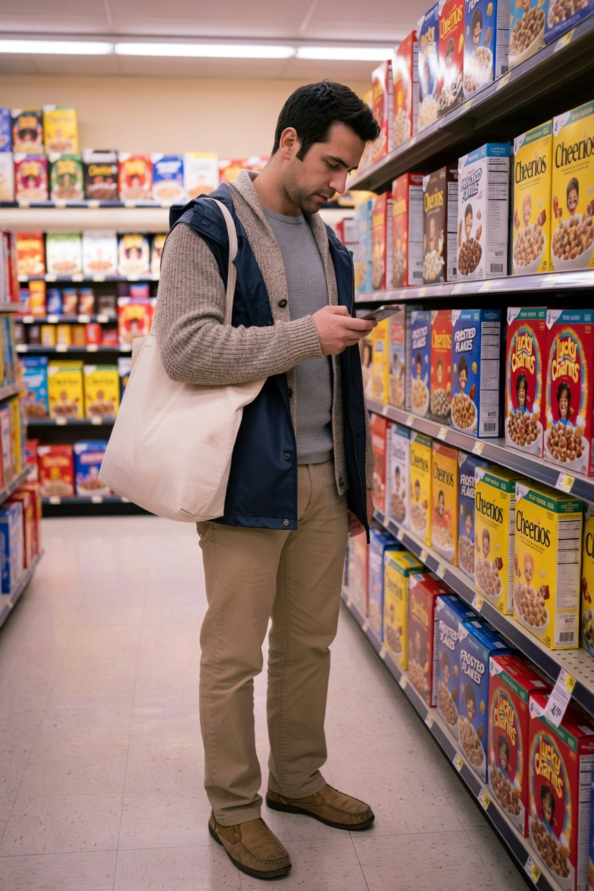 Man in gray sweater layered under navy vest, khaki chinos, brown loafers, and white canvas tote, standing in grocery store cereal aisle while checking phone