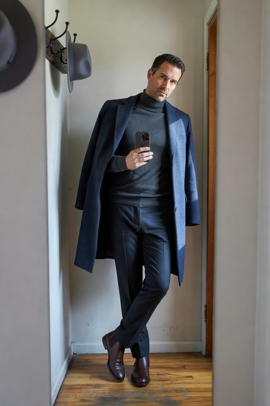 Man in a long open navy wool overcoat layered over a gray turtleneck sweater, slim navy trousers, and brown chelsea boots, standing in a hallway taking a selfie with his phone