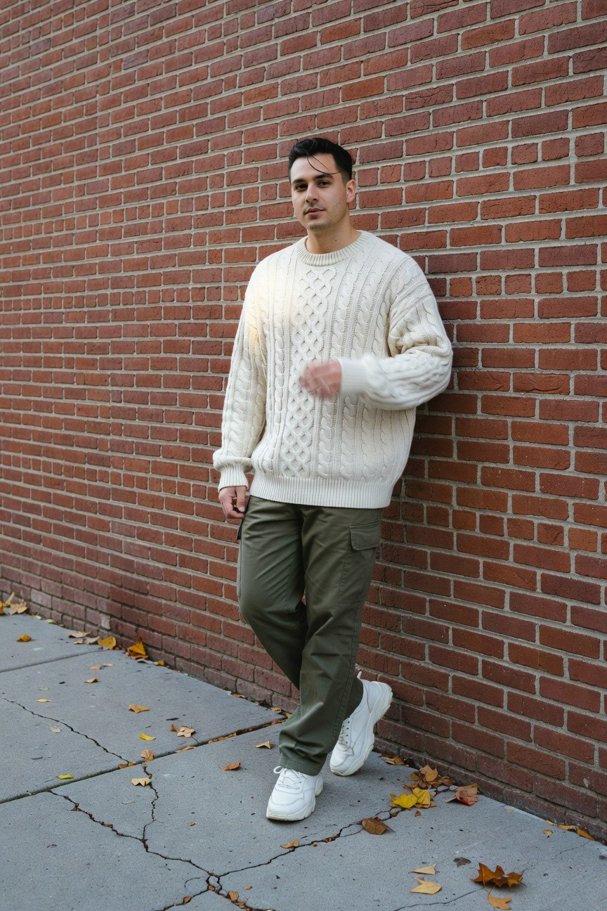 Man leaning casually in an oversized cream cable knit sweater, olive green cargo pants with multiple pockets, and white chunky sneakers on a sidewalk