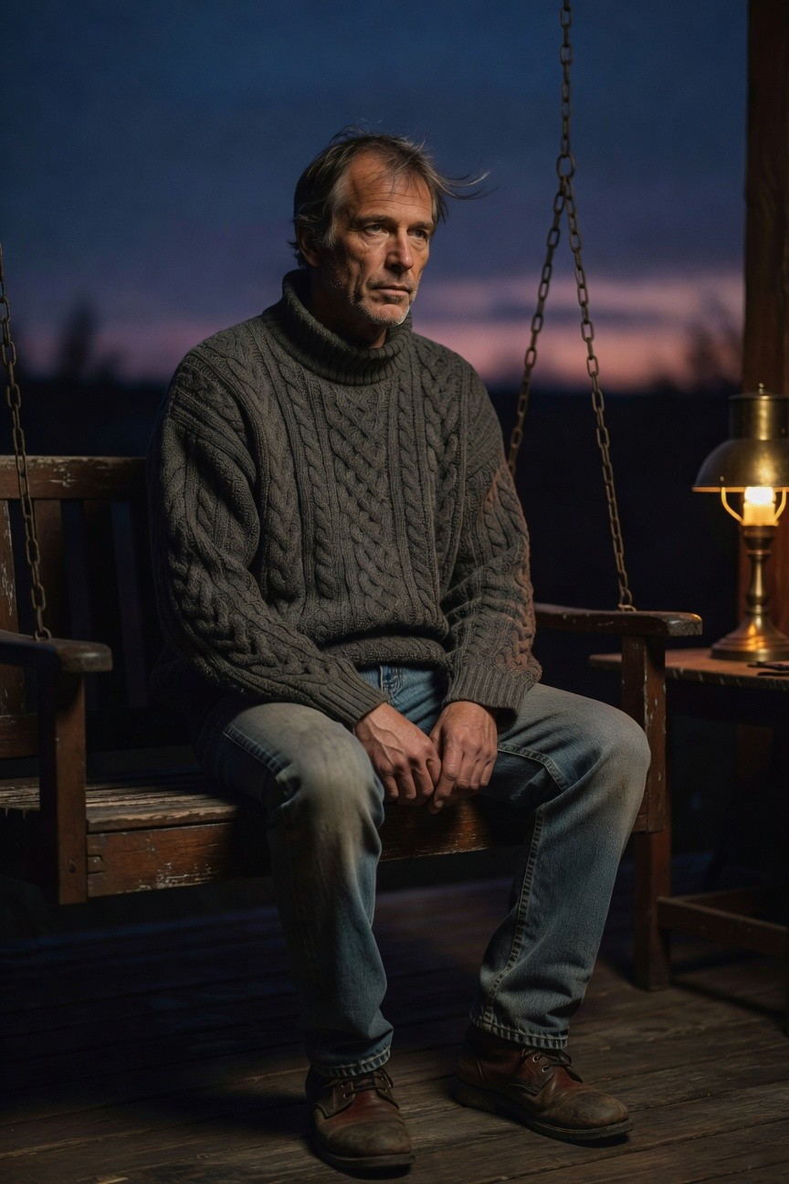 Mature man in baggy gray cable-knit turtleneck sweater, faded blue jeans, and worn brown leather boots, sitting on wooden porch swing with hands clasped