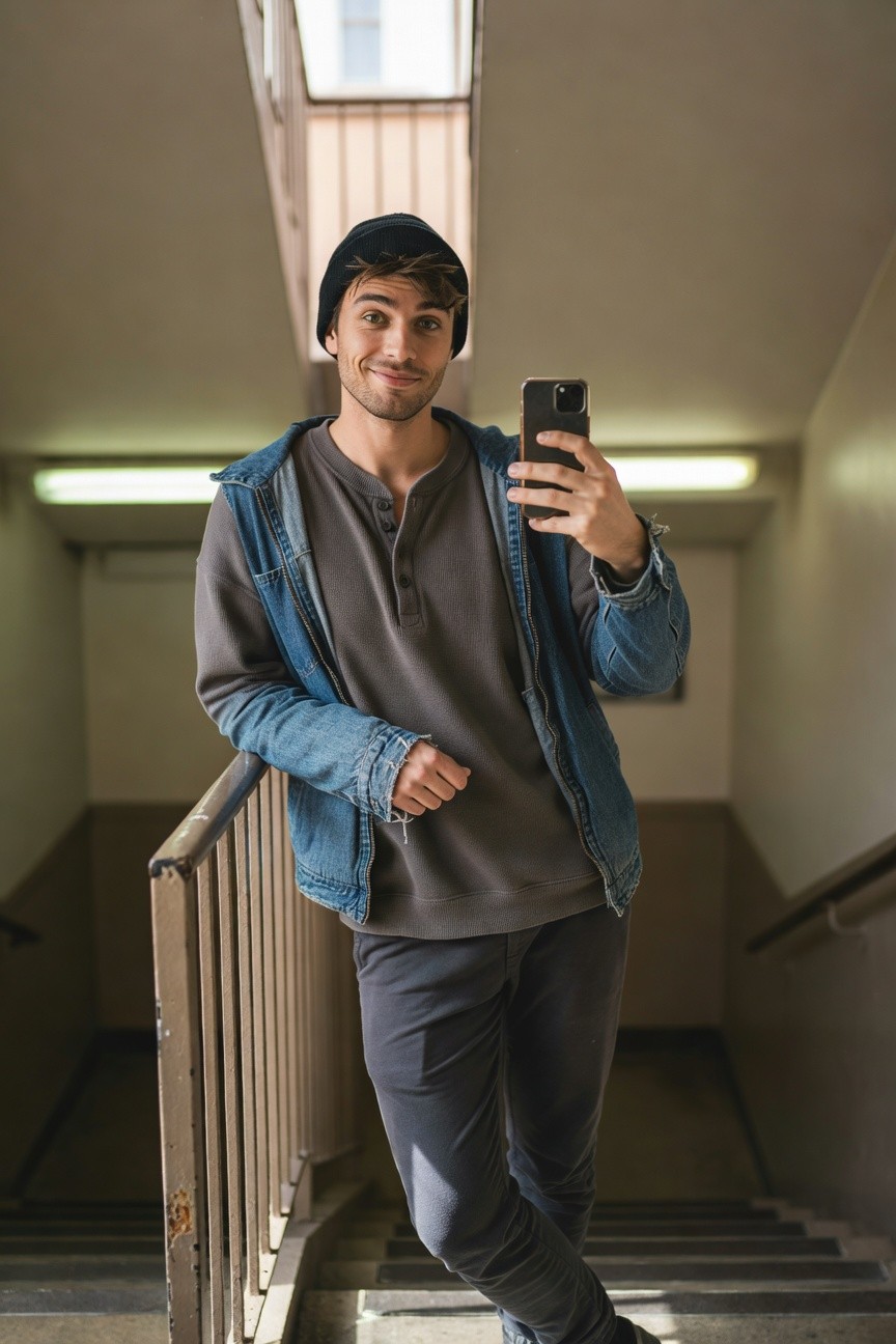 A man in a stairwell selfie wearing a black beanie, loose gray henley shirt, open blue denim jacket, slim gray pants, and dark sneakers, smiling at the camera.
