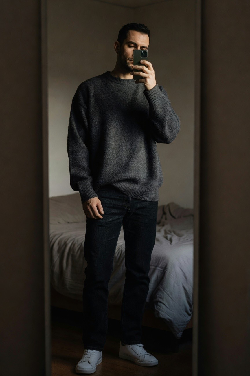 Man taking mirror selfie in bedroom wearing oversized gray baggy crewneck sweater, slim dark blue jeans, and white low-top sneakers on wooden floor