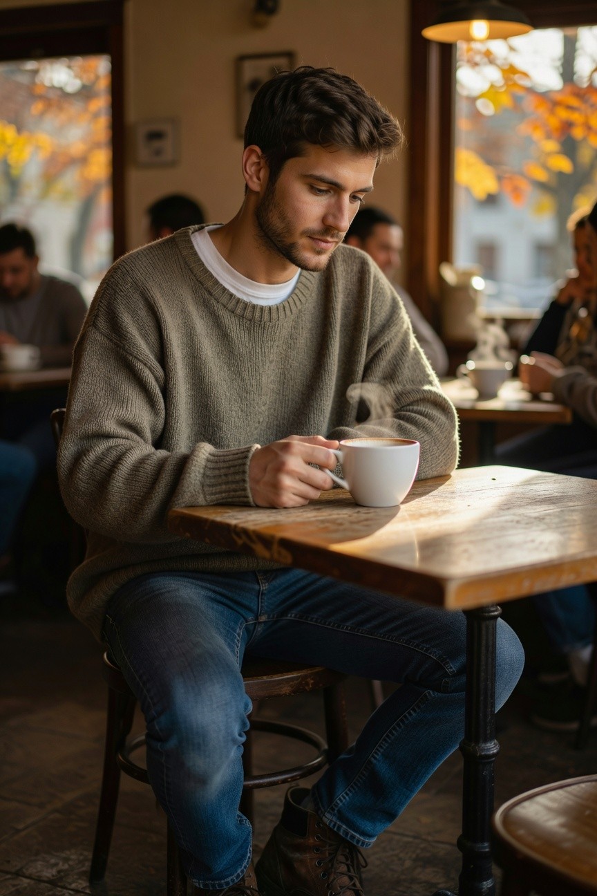 Man in oversized gray knit sweater over white t-shirt, blue straight-leg jeans, and brown leather boots, holding white mug with cappuccino at wooden cafe table