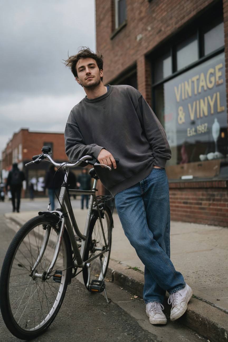 Young man leaning casually on a silver bicycle while wearing a baggy gray sweatshirt, relaxed blue jeans, and white sneakers, posed against a brick storefront with vintage shop window in blurred background