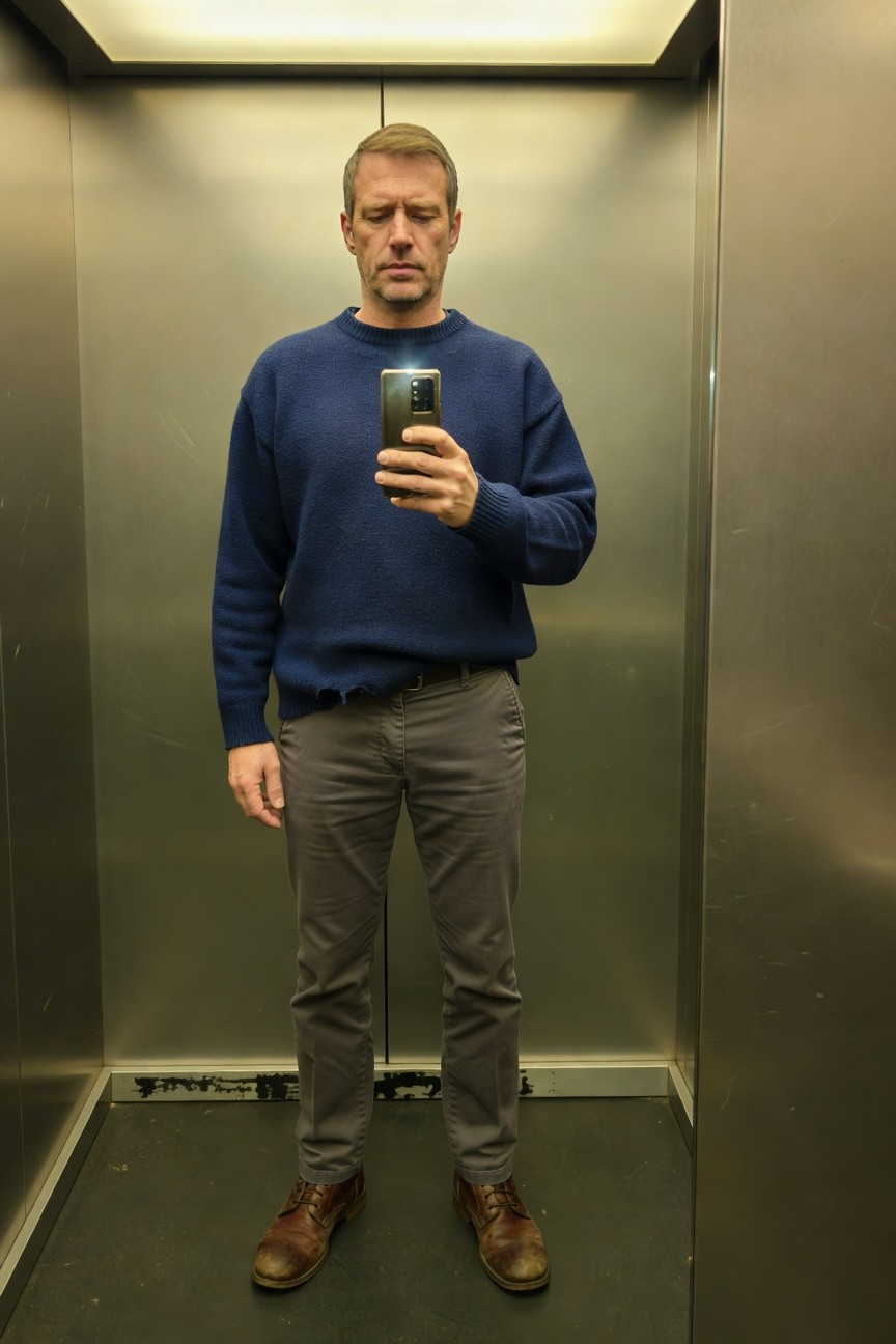 Man in elevator selfie wearing loose navy blue knit sweater, gray chinos, brown leather boots, and black belt, casual comfortable style