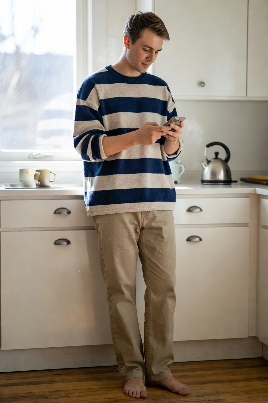 Young man in oversized navy and white horizontal striped sweater, khaki straight-leg chinos, and barefoot, standing in a kitchen while checking his phone