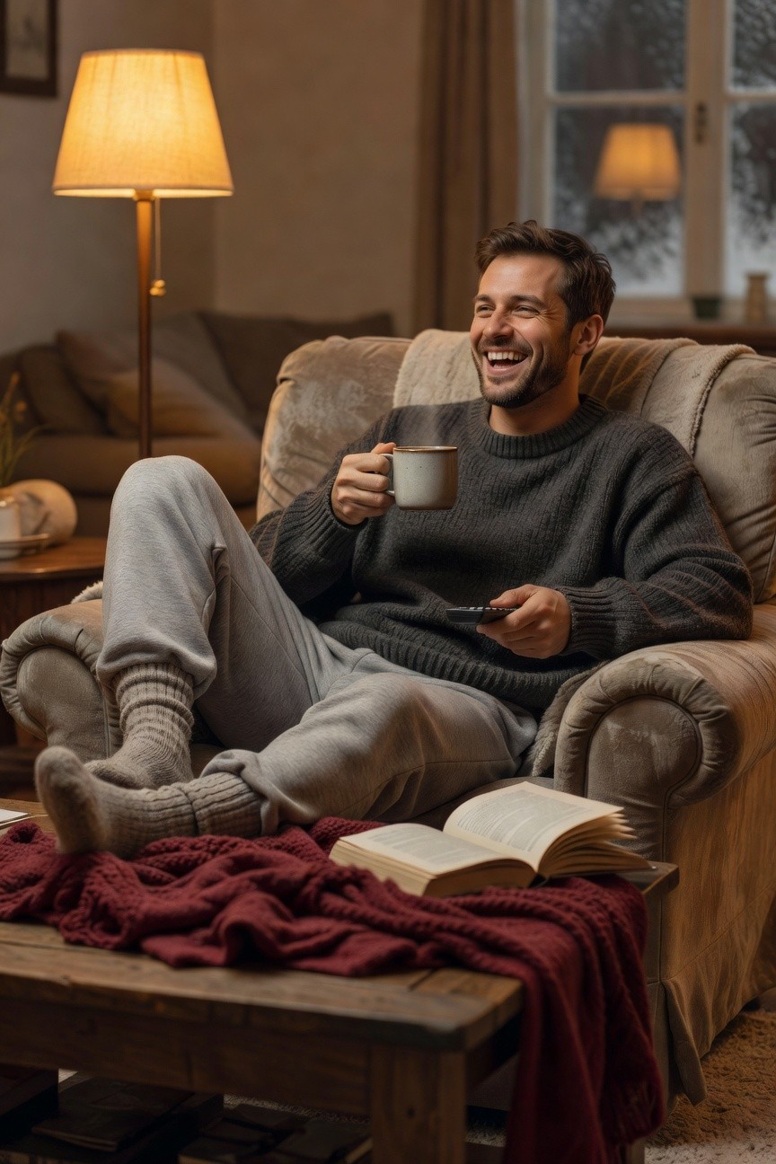 Man relaxing in armchair in oversized charcoal gray knit sweater, light gray sweatpants, thick knit socks, holding ceramic mug and TV remote, books and red blanket on wooden coffee table