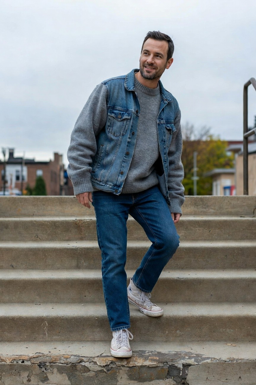 Man in baggy gray sweater layered under open denim jacket with fuzzy sleeves, straight blue jeans, and white Converse sneakers, standing casually on concrete steps
