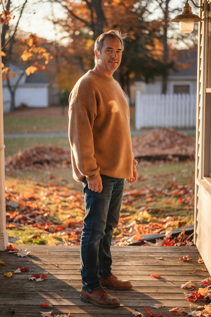 Man standing casually in an oversized tan knit baggy sweater, dark blue straight-leg jeans, and brown leather boots, simple porch setting with fall leaves nearby