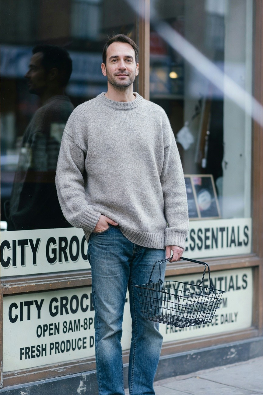 Man in light gray baggy knit sweater with wide sleeves, hands in pockets of straight-leg blue jeans, holding black wire shopping basket, standing casually in front of store window