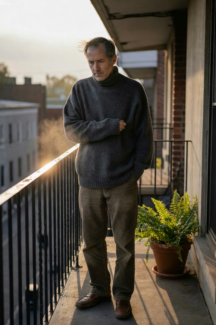 Man in loose grey turtleneck sweater with arms crossed, tan corduroy pants, and brown leather loafers standing casually