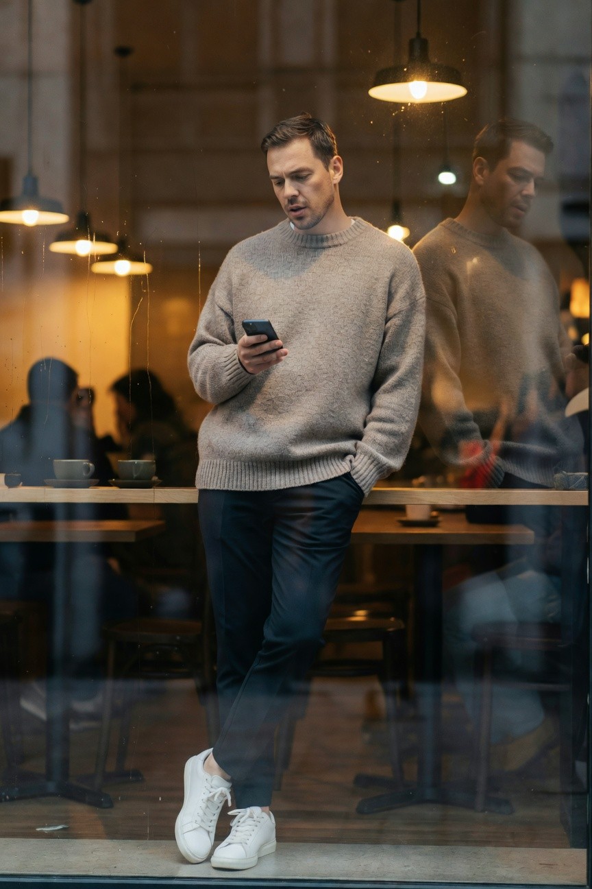 Man wearing oversized light gray turtleneck sweater, slim dark trousers, and white sneakers, standing casually by a large window with blurred cafe interior reflection