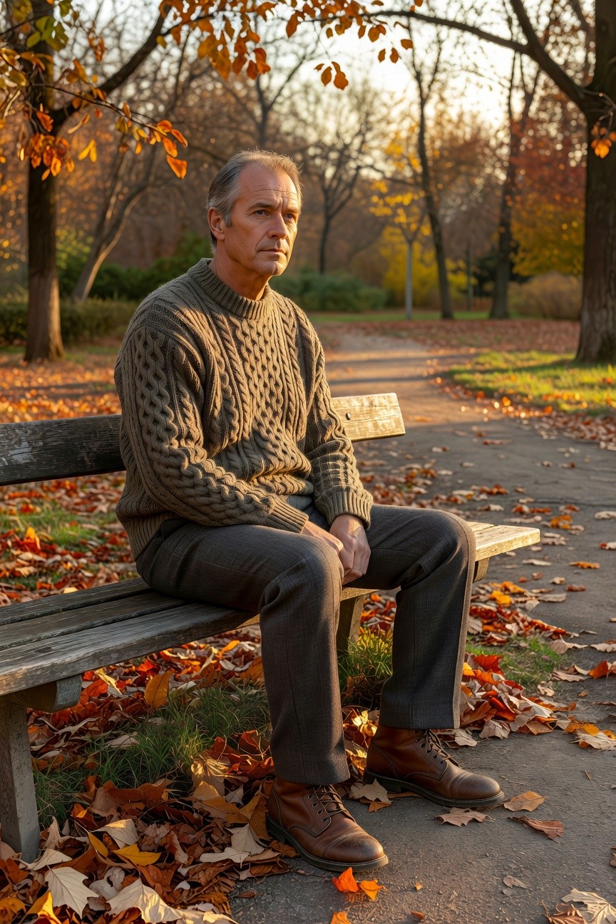 Man seated on bench in chunky olive-gray cable knit sweater, gray trousers, and brown leather boots, relaxed fall outfit emphasizing comfort.