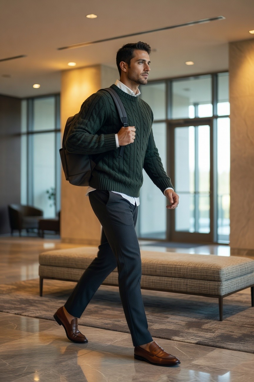 Man in forest green cable knit sweater layered over white button-down shirt, slim dark trousers, brown loafers, and black backpack, walking through modern hotel lobby