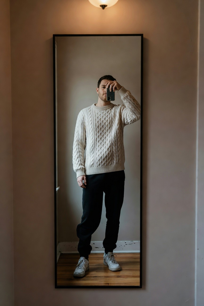 Man standing in front of full-length mirror wearing off-white cable knit sweater, black tapered joggers, and white Nike Air Force 1 sneakers, one hand raised holding phone for selfie
