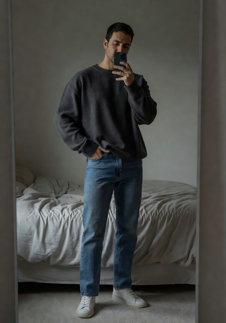 Man taking mirror selfie in bedroom wearing oversized gray baggy crewneck sweater, slim dark blue jeans, and white low-top sneakers on wooden floor