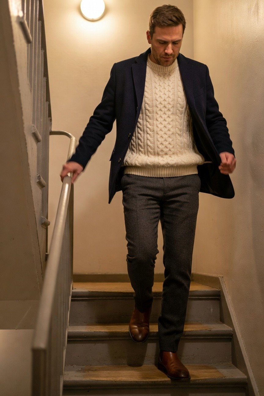 Man ascending indoor stairs in navy blazer layered over cream cable knit sweater, charcoal gray trousers, and brown leather loafers, hand on metal railing