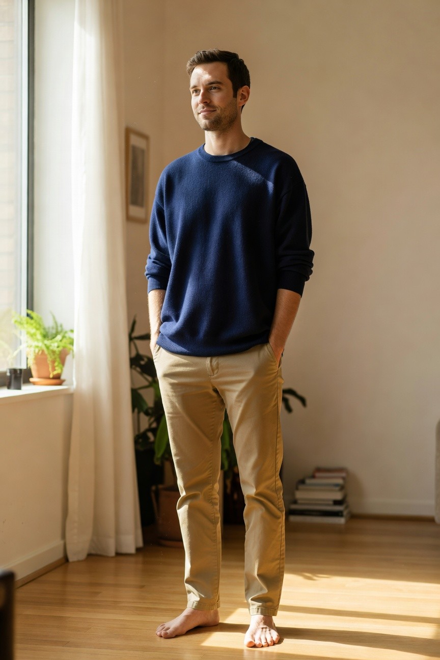 A man stands casually in a loose navy blue knit sweater and khaki chinos with hands in pockets, barefoot on a wooden floor in a minimalist room with plants and books nearby