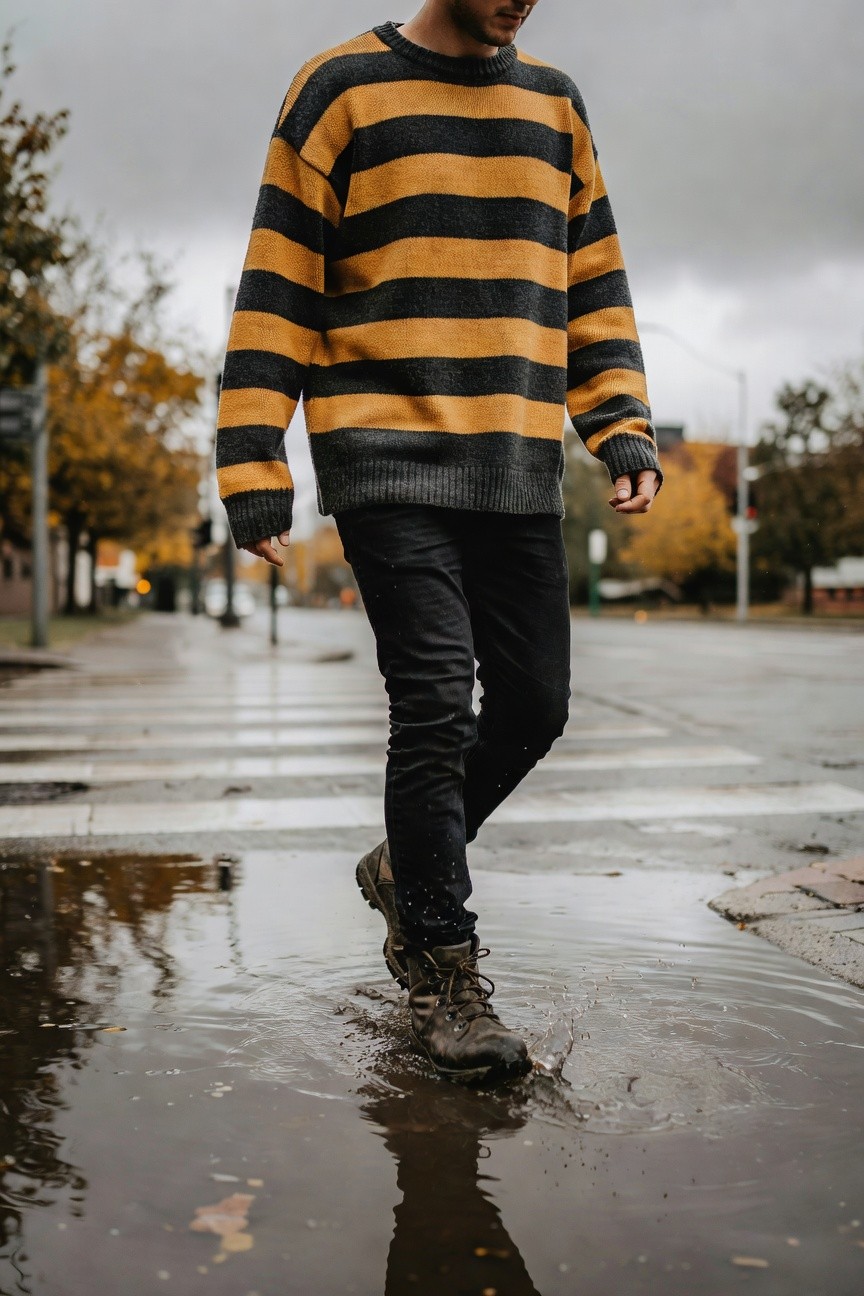 Man in oversized black and mustard horizontal striped knit sweater, slim black jeans, and brown leather boots, walking across a crosswalk with reflections in puddles