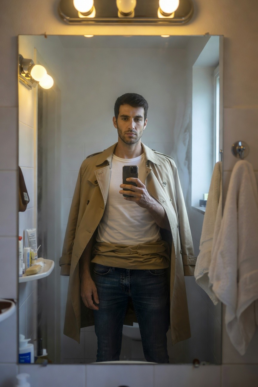 Man in bathroom mirror selfie wearing open beige trench coat over white t-shirt tucked into dark blue jeans with belt sash, holding phone