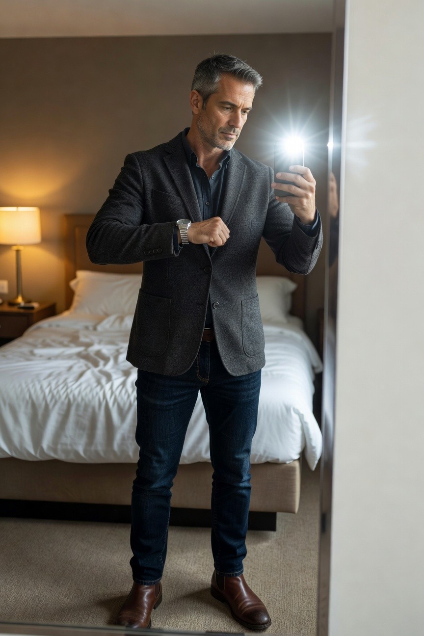 Silver fox man in textured gray blazer over dark button-down shirt, slim dark jeans, brown chelsea boots, and silver watch, selfie in hotel mirror with bed in background