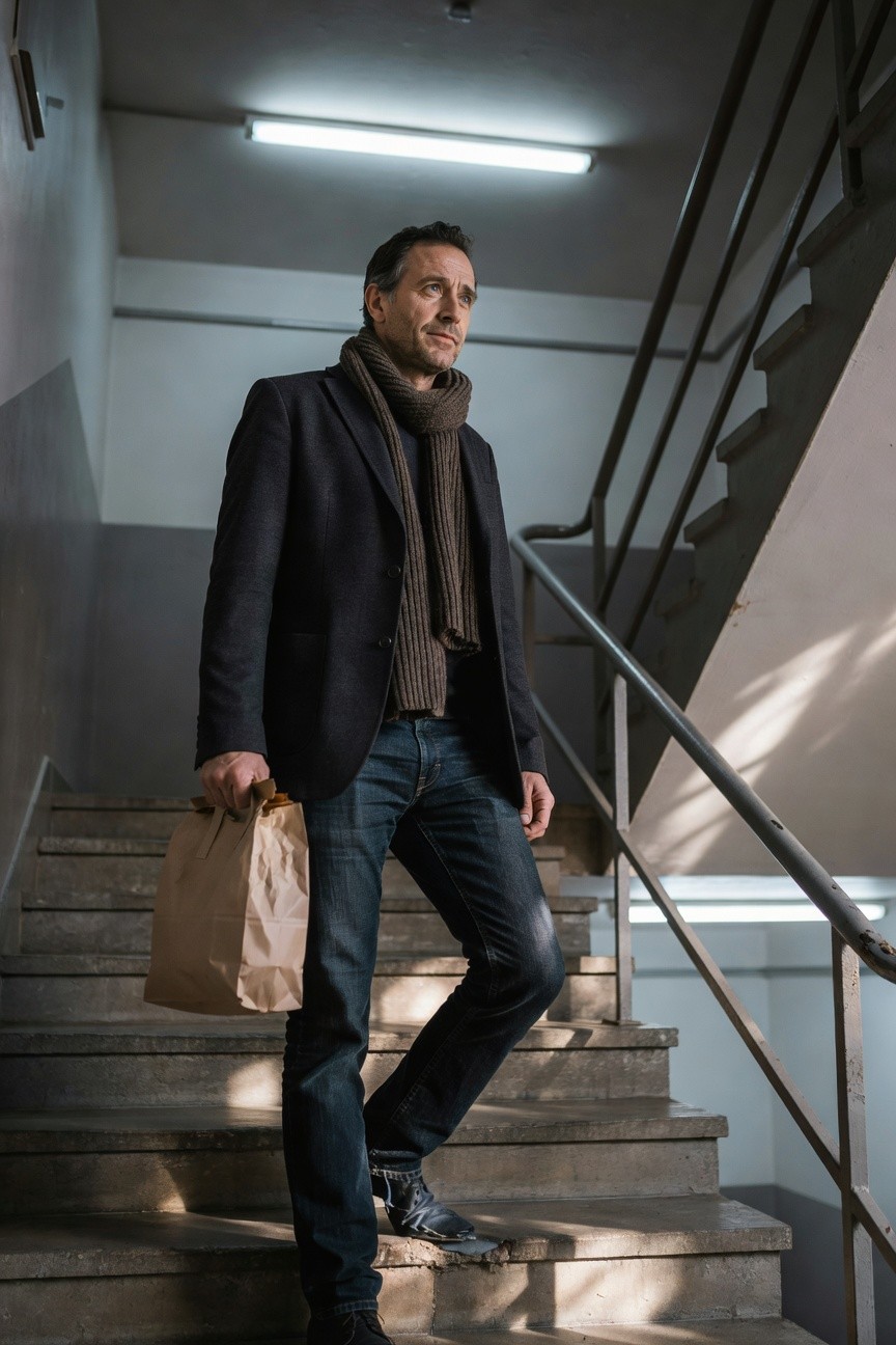 Middle-aged man in charcoal blazer, brown knit scarf, dark blue straight-leg jeans, and black boots, holding a brown paper bag while standing on concrete stairs in an indoor stairwell
