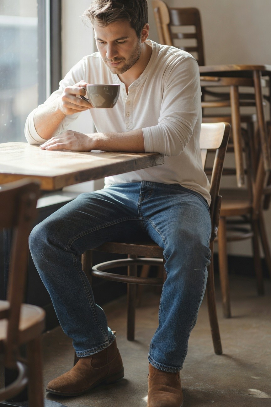 Man in white long-sleeve henley shirt, blue jeans, and tan suede Chelsea boots, seated at wooden table holding a ceramic mug