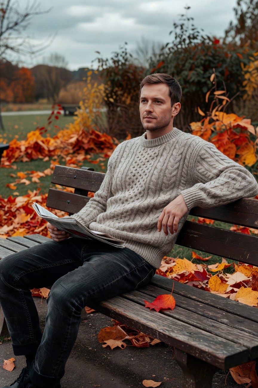 Man sitting on bench in light gray cable knit sweater, black slim jeans cuffed at ankles, and black boots, holding open newspaper with fall leaves around