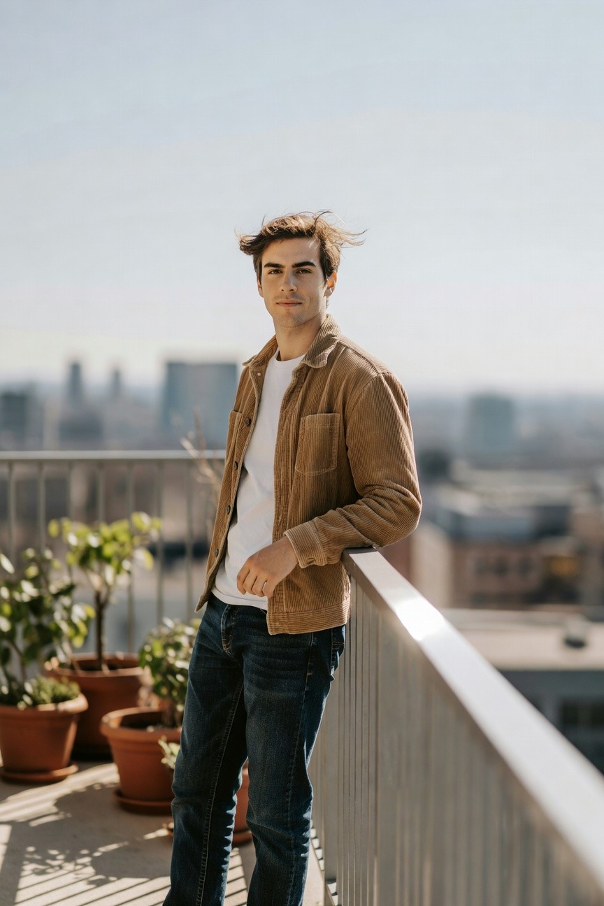 Man in brown corduroy jacket over white t-shirt and dark slim jeans, leaning on rooftop railing with casual pose