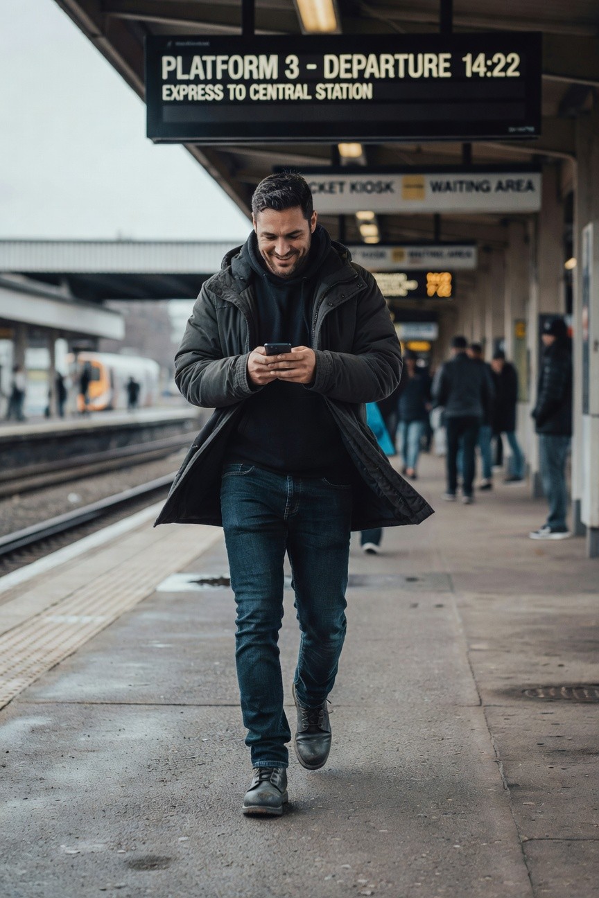 Man in slim dark jeans, long olive parka coat over black hoodie, black laced boots, walking while checking phone on platform
