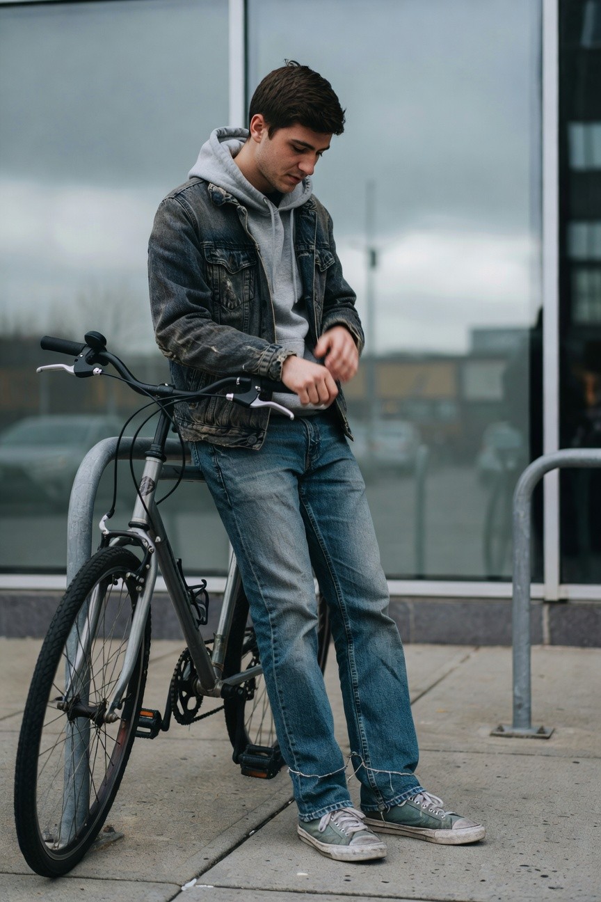 Young man in gray hoodie layered under faded denim jacket, dark slim jeans, and green high-top sneakers, leaning casually by a bike rack with hands on the lock