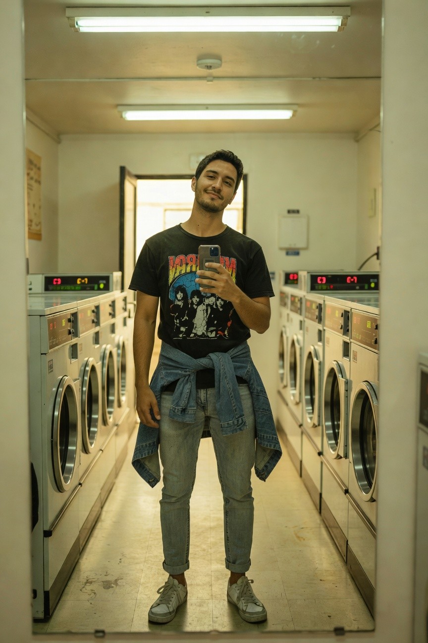 A man in a laundromat mirror selfie wearing a black Bon Jovi graphic t-shirt, light blue slim-fit jeans rolled at the ankles, light denim jacket tied around the waist, and white sneakers, smiling playfully.