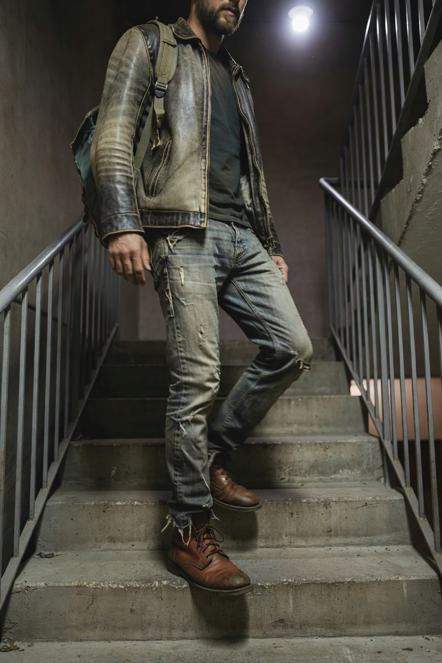 Man in weathered green-brown leather jacket over black t-shirt, slim distressed blue jeans, brown leather boots, and green backpack, standing on concrete stairs