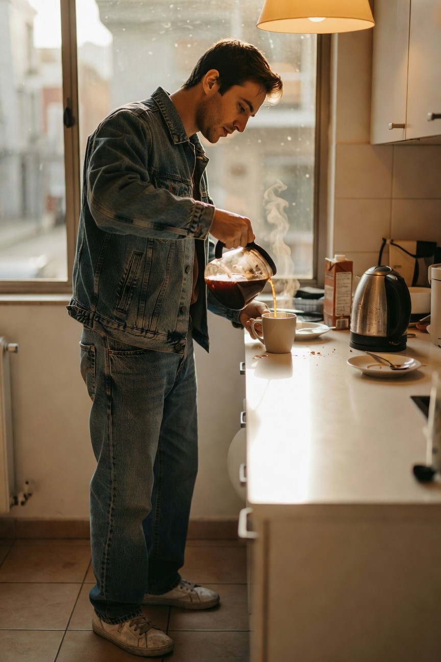 Man in light wash straight-leg jeans, open faded denim jacket, and white low-top sneakers, viewed from side angle in casual stance