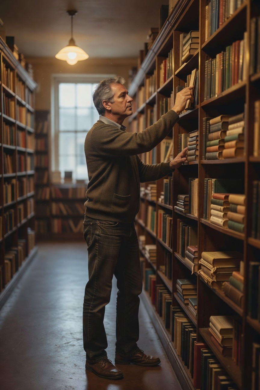 Side view of a man in an olive green sweater layered over a collared shirt, dark straight-leg jeans, and brown leather shoes, reaching for a book on a library shelf