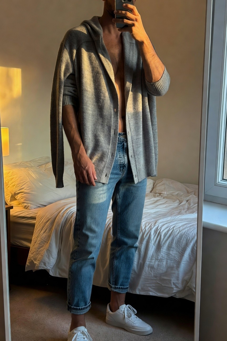 Man taking mirror selfie in open-front gray hooded knit cardigan exposing chest, medium-wash straight-leg blue jeans with rolled cuffs, and white low-top sneakers in bedroom setting