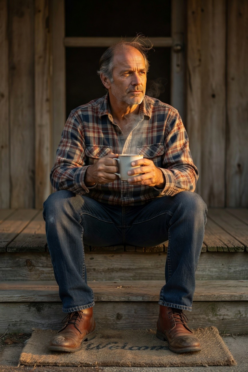 Older man in plaid blue-and-red flannel shirt, blue straight-leg jeans, and brown laced leather boots, sitting on steps holding a steaming mug