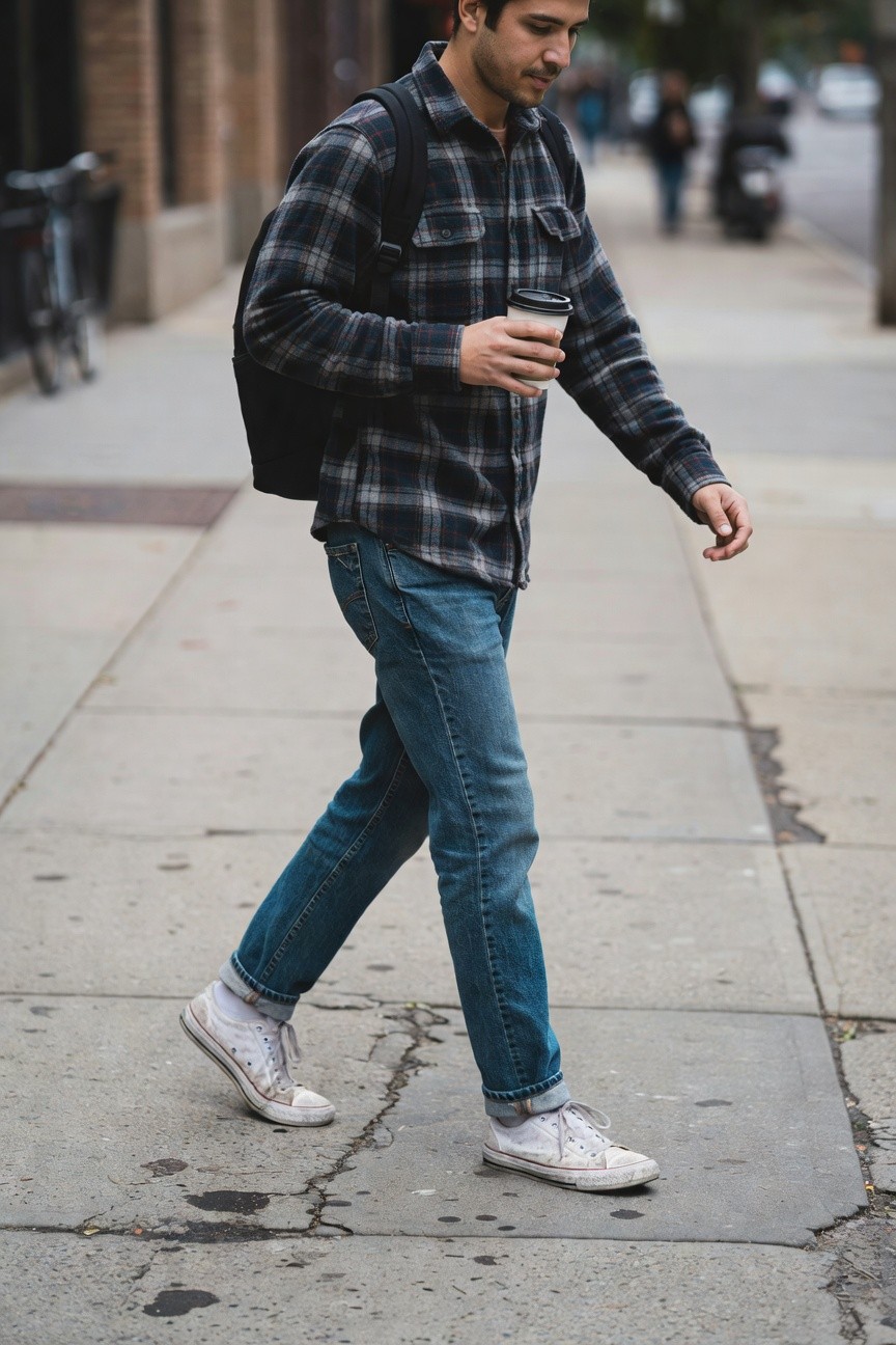 Man walking in plaid flannel shirt, dark jeans cuffed at ankles, white Converse sneakers, black backpack, holding coffee cup on urban sidewalk