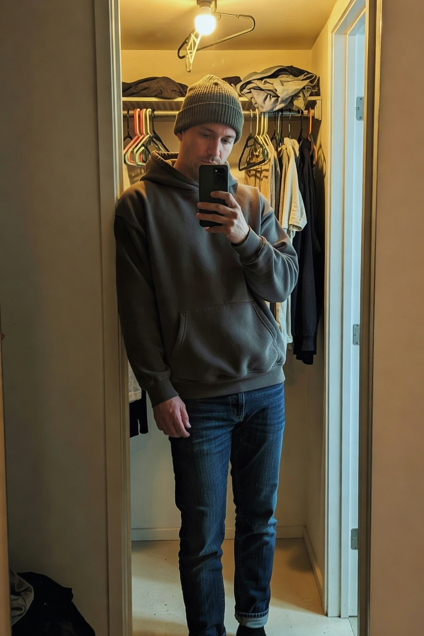 Man standing in a closet wearing a gray knit beanie, oversized gray hoodie, blue straight-leg jeans, and black socks, taking a mirror selfie with phone in hand