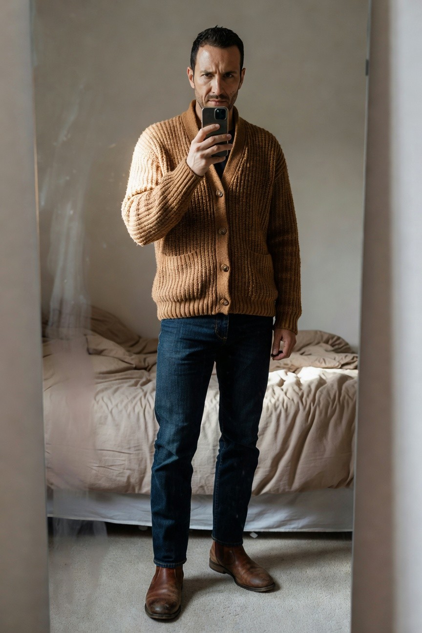 Man taking mirror selfie in open tan knit shawl-collar cardigan over white tee with dark straight-leg jeans and brown leather chelsea boots standing in bedroom
