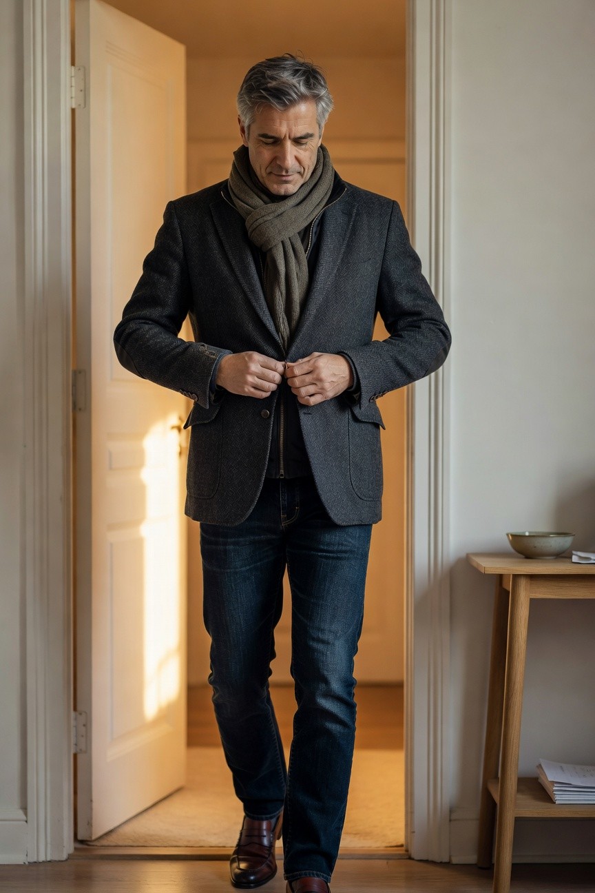 Mature man with gray hair buttoning a gray tweed jacket over an olive scarf, paired with dark straight-leg jeans and brown leather loafers, standing indoors
