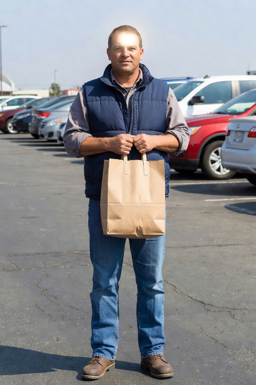 Middle-aged man in navy puffer vest over collared shirt, blue straight-leg jeans, brown work boots, holding brown paper grocery bag while standing in a parking lot