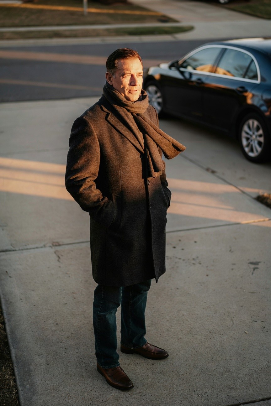 Man in a long dark wool overcoat with gray scarf, dark blue straight-leg jeans, and brown leather loafers, standing with hands in pockets on a concrete driveway