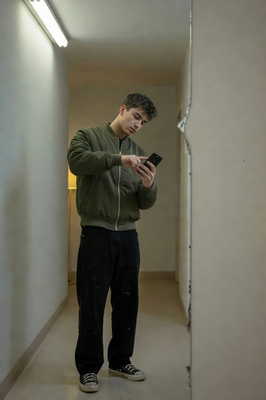 Young man in olive green bomber jacket, black baggy jeans, and black Converse sneakers, standing in a hallway while checking his phone