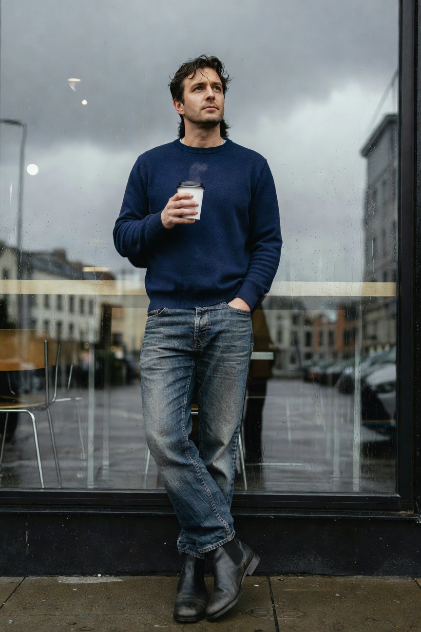 Man in navy blue crewneck sweater, relaxed baggy blue jeans, and black Chelsea boots, leaning against a window while holding a steaming white coffee cup