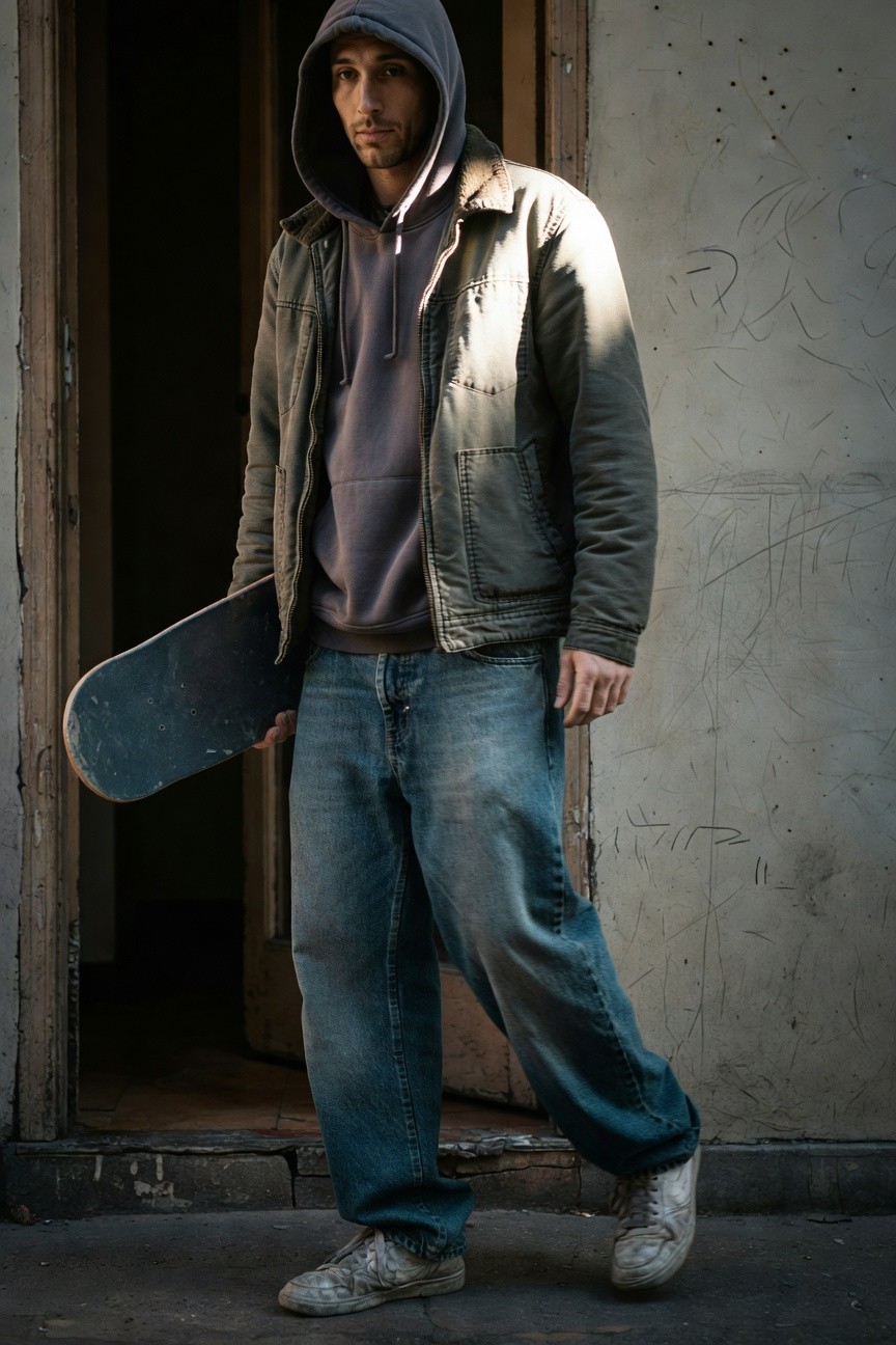 Man in layered grey hoodie under olive green jacket, holding skateboard, wearing loose faded blue baggy jeans and white sneakers standing in doorway