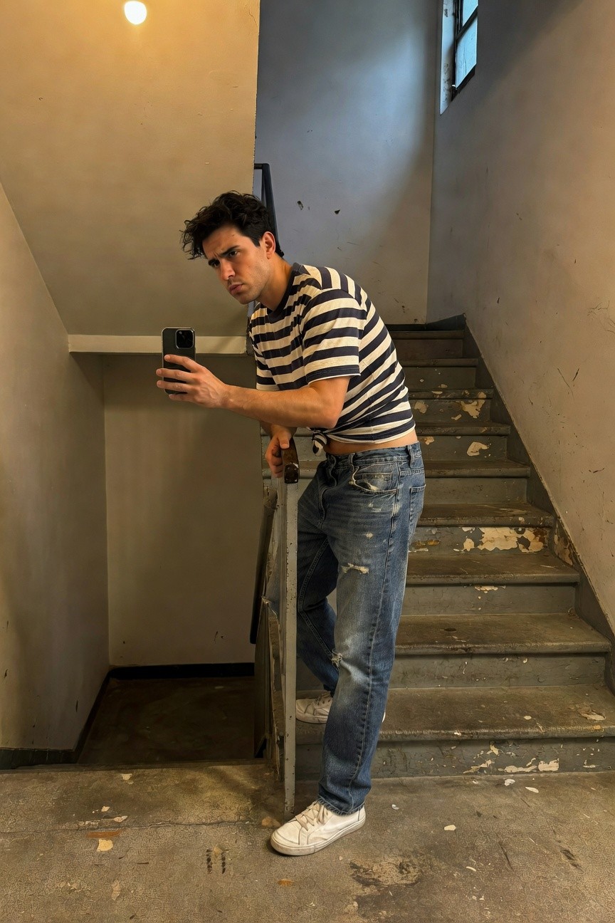 A man in a dimly lit stairwell taking a mirror selfie, wearing a short-sleeved black-and-white striped shirt knotted at the midriff, low-slung distressed baggy blue jeans, and white sneakers, leaning against a railing with a serious expression