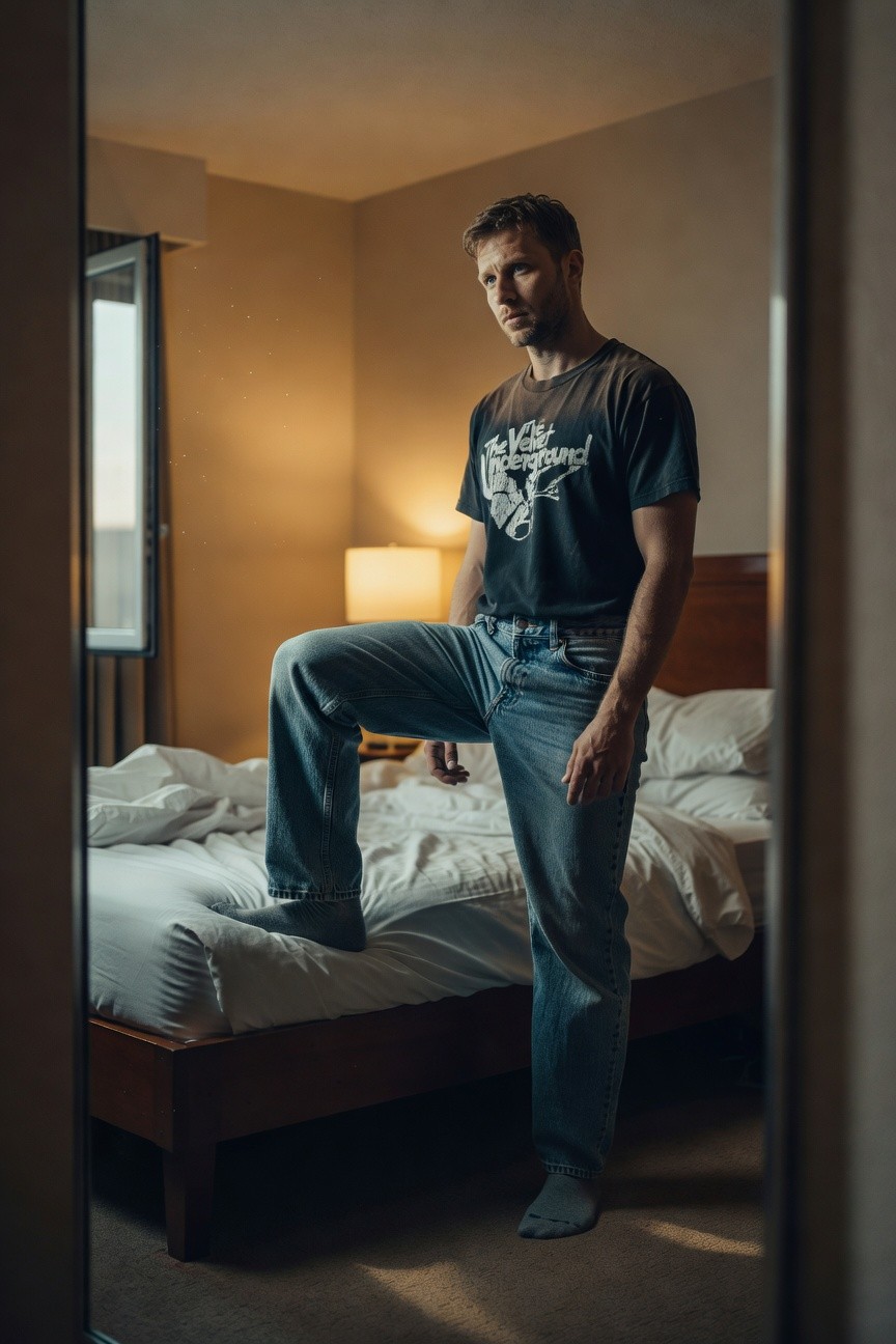 Man in a dimly lit hotel room standing with one foot propped on a bed, wearing a dark gray faded Velvet Underground graphic t-shirt, light blue baggy jeans pooled at the ankles over gray socks, casual relaxed pose