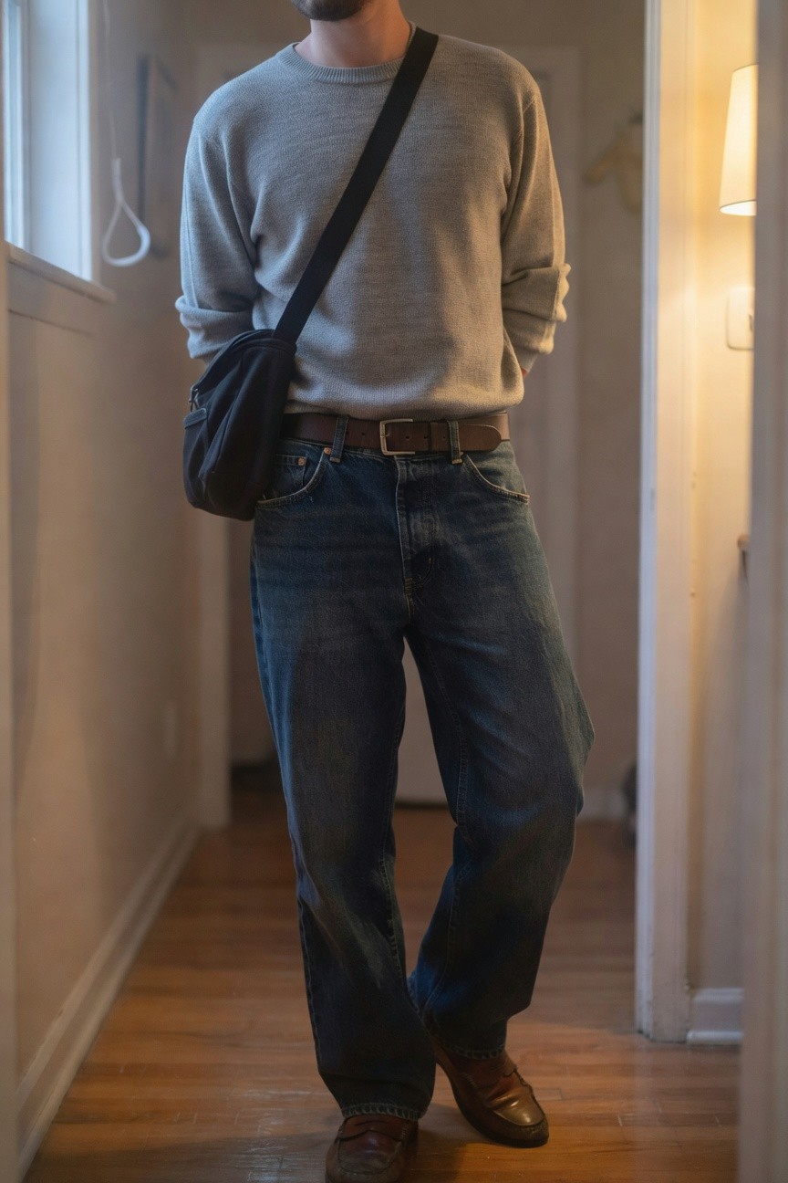 Man standing in hallway wearing gray crewneck sweater, black messenger bag, brown belt, baggy dark blue jeans, and brown tassel loafers, relaxed casual style