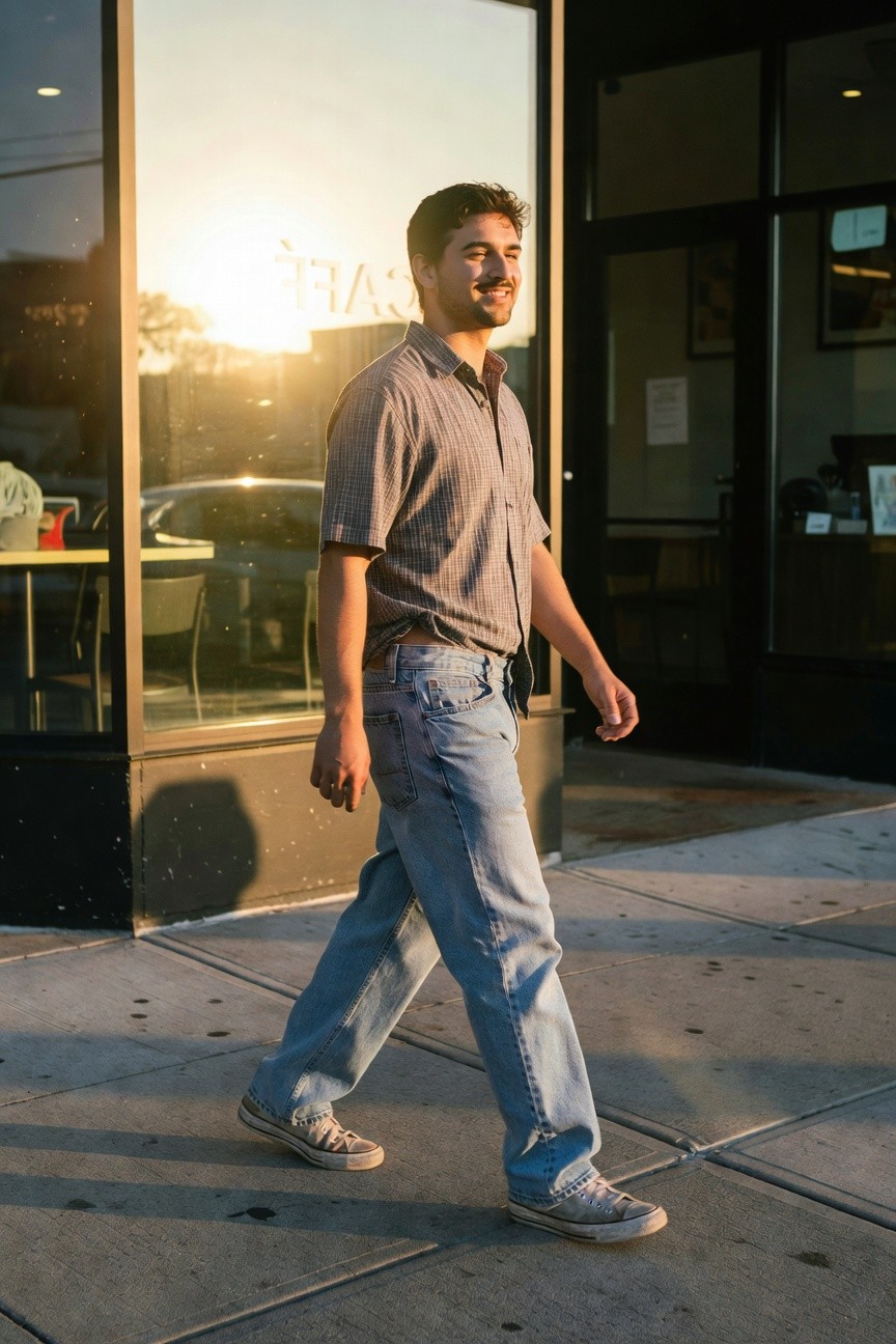 Man in short-sleeve gray plaid button-up shirt tucked loosely into light blue baggy jeans, white Converse sneakers, walking casually on sidewalk outside cafe storefront.